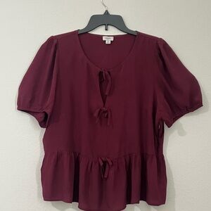 J. Crew Burgundy Super Cute Tie-Front Peplum Blouse, Size14